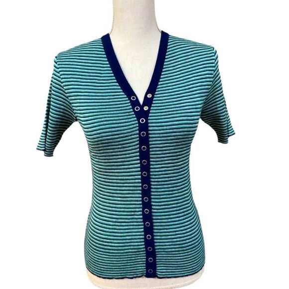 Vintage Blue and Green Striped Stretchy short sleeve snap button Top - Picture 1 of 5